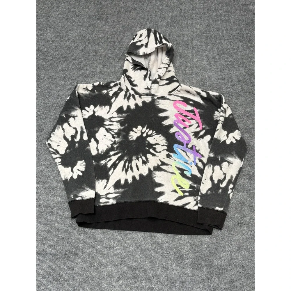 Justice Girls XL 16/18 Tie Dye Hoodie Black White Glitter Logo Sweatshirt